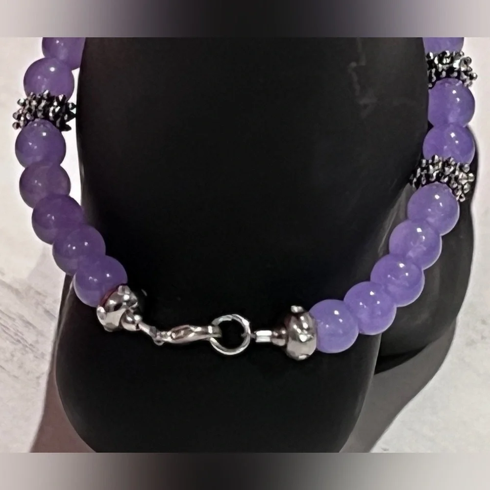 Lavender Jade Handmade Beaded Ankle Bracelet with Silver Daisy Accents
